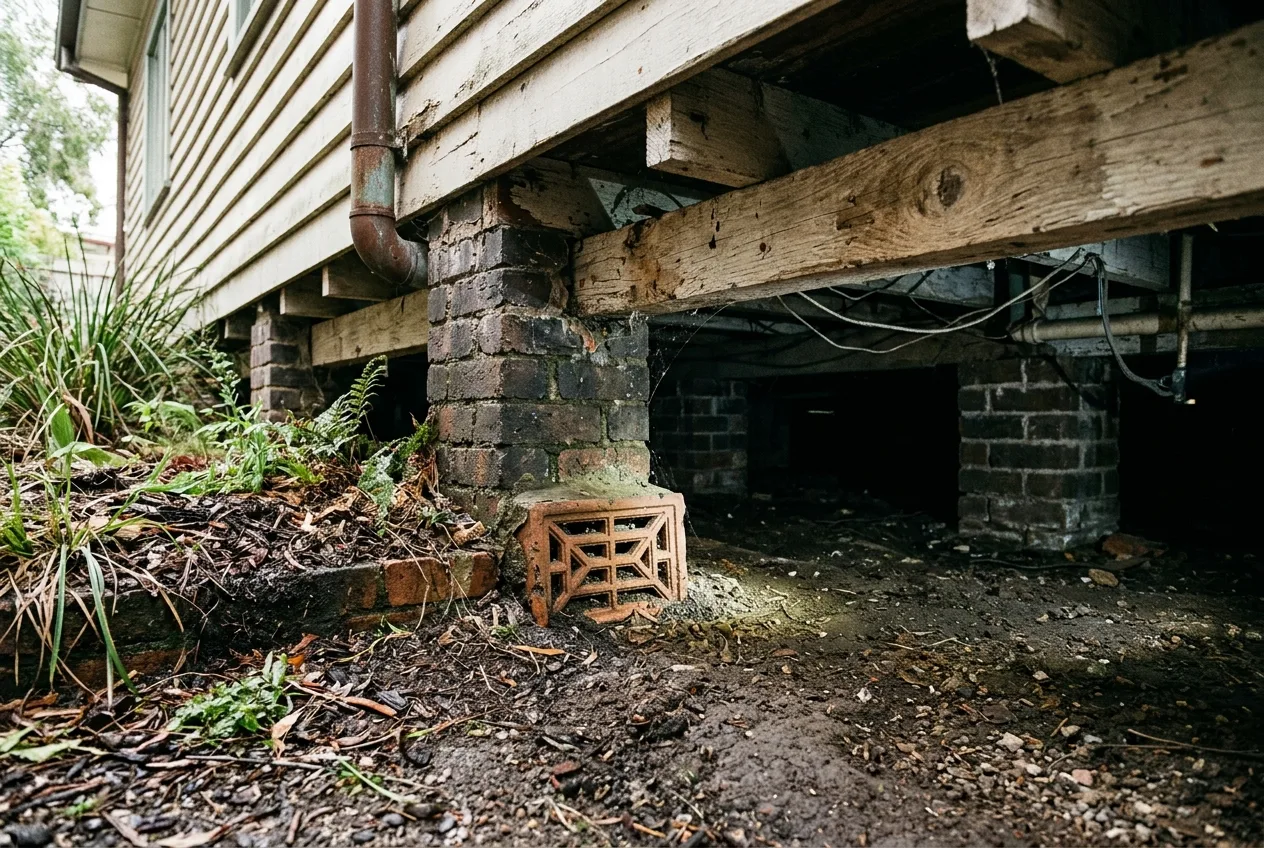 Damp under the house: what blocked subfloor vents do to a timber floor